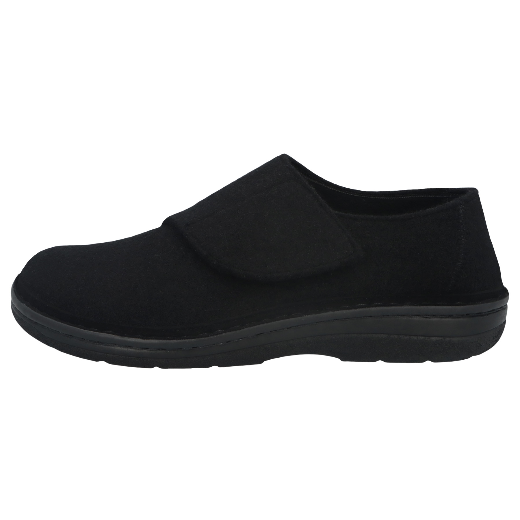 schwarze hausschuhe seitenansicht links
