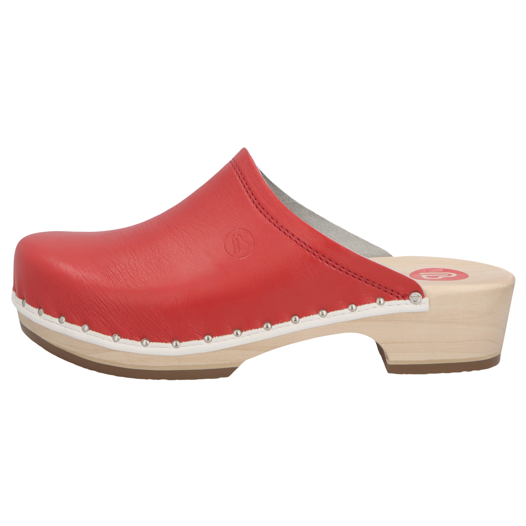 rote holzschuhe vorderansicht