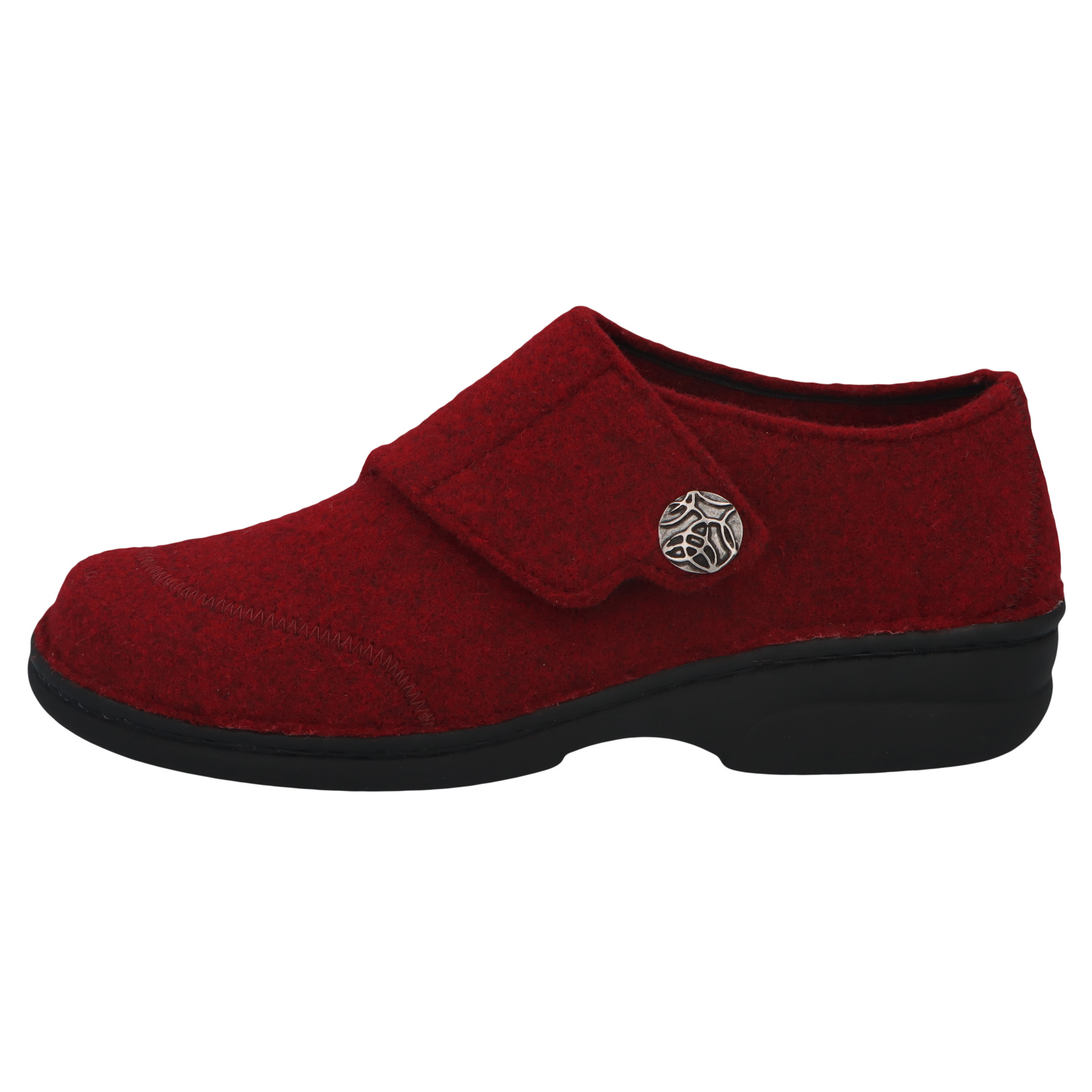 rote hausschuhe seitenansicht links